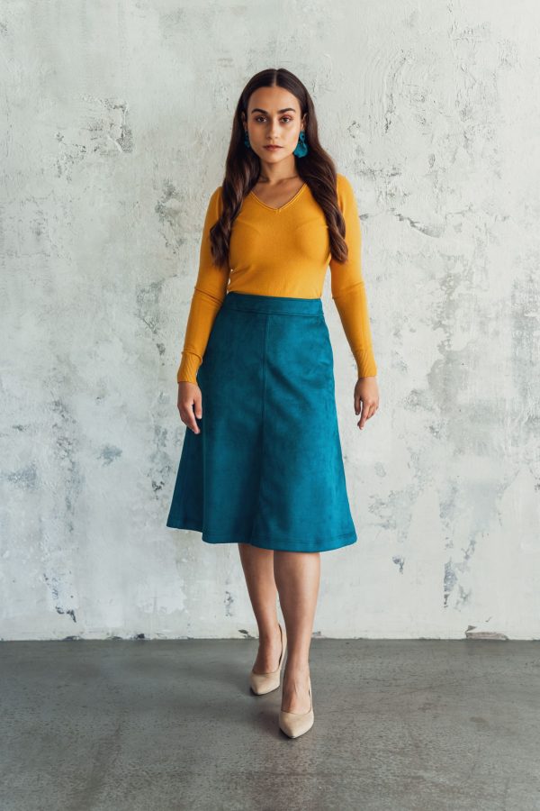 Back zip closure, A-line midi Kansas suede skirt