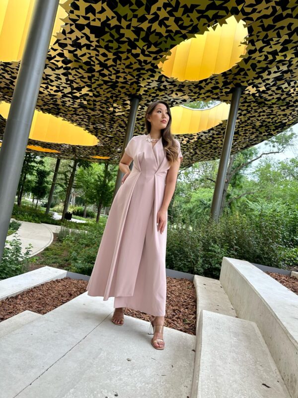 Lightweight fabric maxi Georgia dress with folded waist and V-neckline